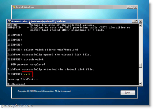 A Windows 7 natív VHD telepítése a Dual Boot Exit CMD parancssorból