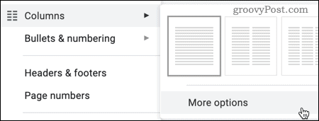 A További lehetőségek opció az oszlopokhoz a Google Dokumentumokban