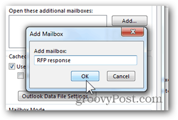 Postafiók hozzáadása Outlook 2013 - Írja be a Postafiók nevét, kattintson az OK gombra