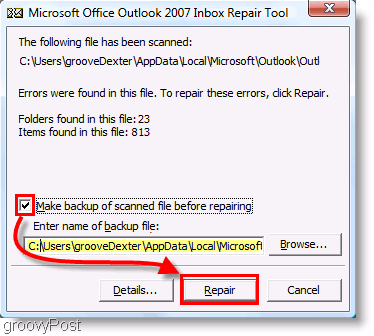 Képernyőkép - az Outlook 2007 ScanPST javítási menüje
