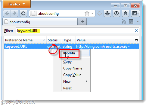 módosítsa a Firefox 4 Keyword.url fájlt alapértelmezett szolgáltatóvá