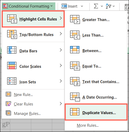 Jelölje ki a Cellaszabályok, Értékek duplikálása az Excel alkalmazásban