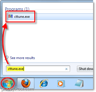 a Windows 7 Start menüből töltse be a cctune.exe fájlt a clearType tuner betöltéséhez