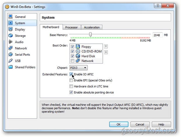 A VirtualBox rendszer alaplapjának konfigurálása lehetővé teszi az io apic Windows 8 használatát