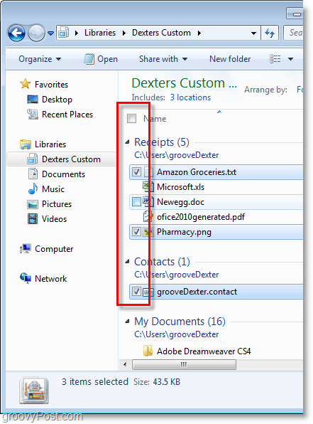 Windows 7 screenshot - használja a jelölőnégyzeteket az elemek kiválasztásához, groovy!