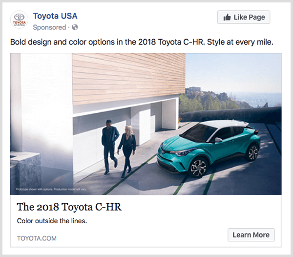 A Toyota Facebook-elkötelező hirdetése türkizkék Toyota C-HR-t tartalmaz, és tartalmaz egy Tudjon meg többet gombot.