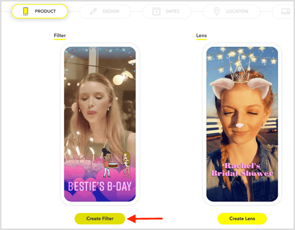 Kattintson a Szűrő létrehozása elemre egy Snapchat geofilter beállításához az eseményhez.