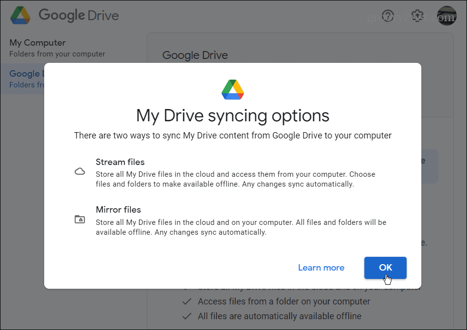 A Google Drive szinkronizálási beállításai
