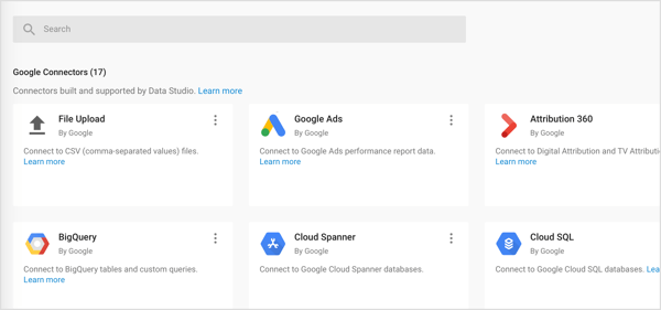 Három típusú csatlakozókat importálhat a Google Data Studio-ba: Google Connectors, Partner Connectors és Open Source Connectors.