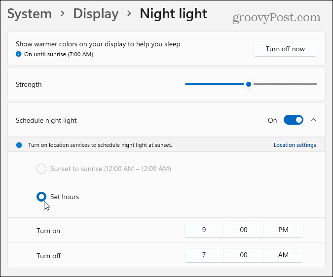 éjszakai világítás windows 11 beállításai