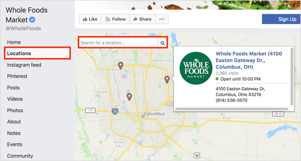 A Facebook-oldalon a Helyek fülre kattintva az egyes helyek megjelennek a térképen. 