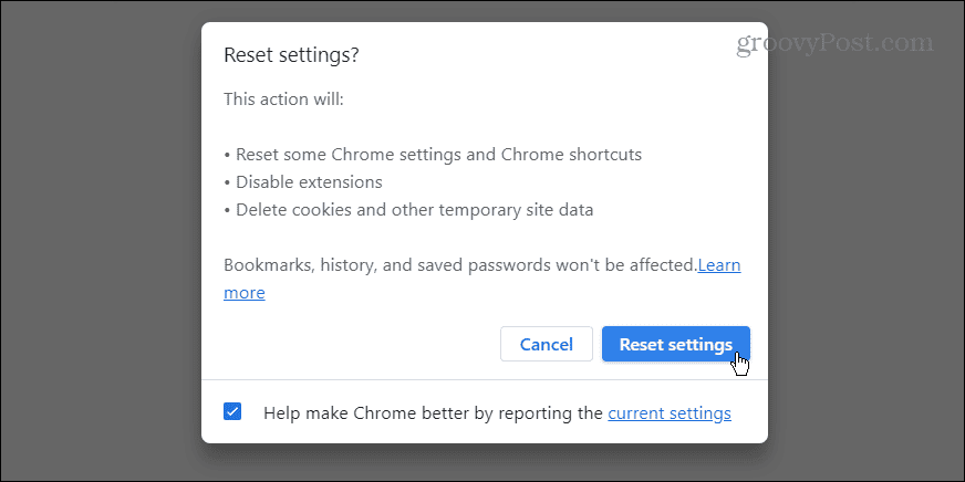 a Chrome beállításainak visszaállítása művelet