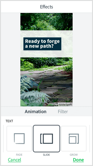 Válasszon szöveges animációs lehetőséget az Adobe Spark Post mobilalkalmazással.