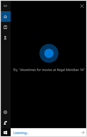 A Cortana, a Windows társalgási felülete, egy fekete függőleges doboz, amelynek közepén kék pont található. Alul fehér mező jelzi, hogy egy Windows-eszköz hallgat.