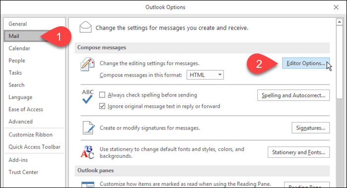 Kattintson az E-mail, majd a Szerkesztő beállításai elemre az Outlookban