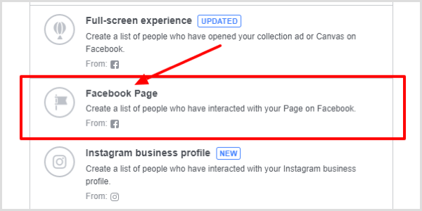 Válassza a Facebook oldalt elkötelezettség típusának.