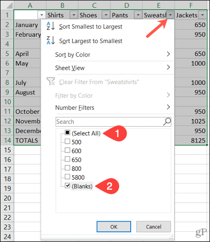 Üres sorok szűrése az Excelben