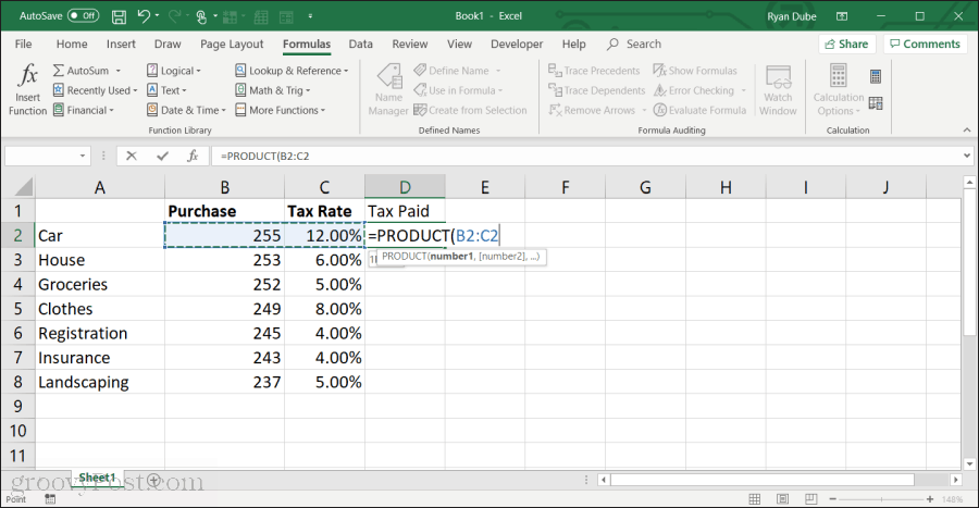 a termékfunkció Excelben történő felhasználása
