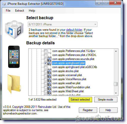 Az iPhone Backup Extractor kiválasztja az Apple springboard .plist fájlt
