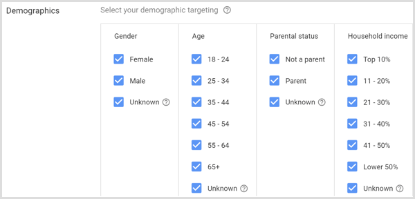 Demográfiai beállítások a Google AdWords kampányhoz.