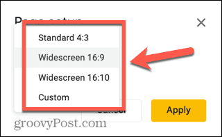 google slides méretbeállítások