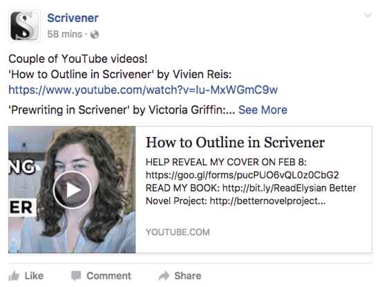 A Scrivener megoszt egy YouTube-videót, amely tetszhet a felhasználóknak a Facebook-oldalán.