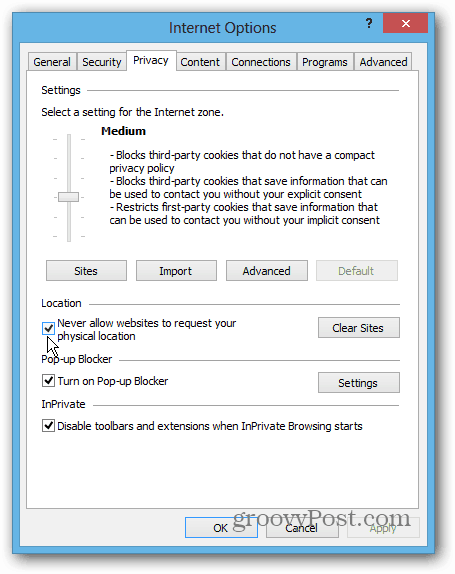 IE 10 Win8 Desktop adatvédelem