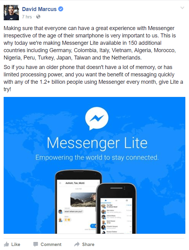 A Facebook Messenger Lite már elérhető a világ több országában.