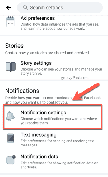 Facebook mobil értesítési beállítások opció