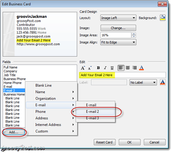 A mezők testreszabása az Outlook 2010 vCard alkalmazásban