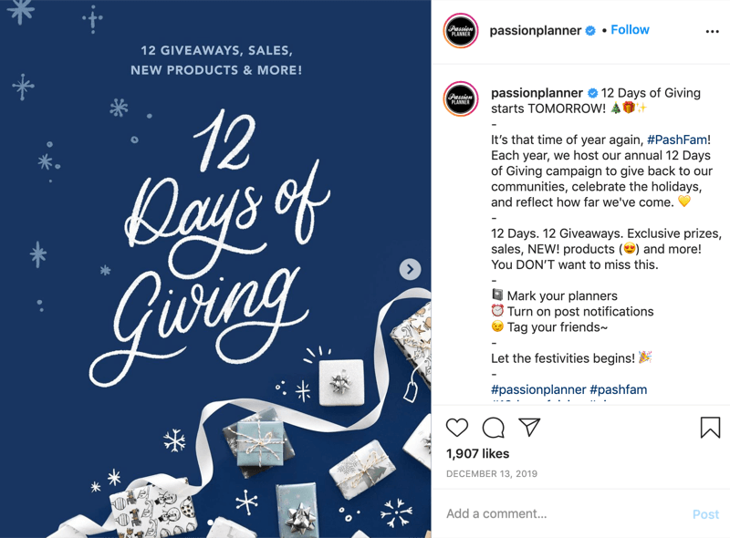 példa egy instagram ajándékversenyre a @passionplanner adományozásának 12 napjára, amely bejelentette, hogy az ajándékozás másnap kezdődik