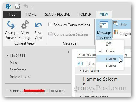 Az Outlook 3 üzenet-előnézete