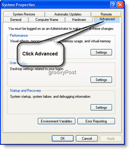 Rendszer tulajdonságai Speciális beállítások Windows XP