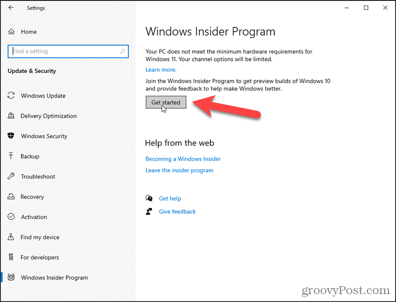Kattintson a Kezdő lépések lehetőségre a Windows Insider programhoz