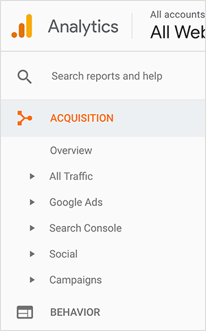 Ez egy képernyőkép a Google Analytics oldalsávról. A logó a bal felső sarokban jelenik meg. Ez egy narancssárga pont a narancssárga oszlop mellett, majd egy magasabb sárga oszlop, ami oszlopdiagramra utal. Az oldalsáv tetejétől lefelé a következő lehetőségek találhatók: a „Jelentések és súgó keresése” feliratú mező, az Acquisition (narancssárgán jelenik meg) és annak alopciók. Az alopciók: Áttekintés, Minden forgalom, Google Ads, Search Console, Közösségi és Kampányok. Minden alopció mellett megjelenik egy kis háromszög, ami azt sugallja, hogy a háromszögre kattintva további lehetőségeket láthat. Az utolsó bemutatott fő szintű opció a Viselkedés. Jennifer Priest a Google Analytics segítségével megnézi, hogy mely csapok küldik neki a legtöbb forgalmat, és értékelje, hogy milyen hashtagek, képek és táblák működnek jól a webhelye forgalmához.