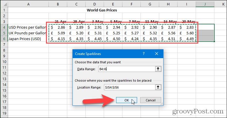 Sparklines párbeszédpanel létrehozása az Excelben