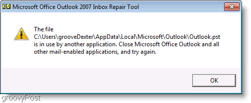 Képernyőkép - az Outlook 2007 ScanPST javítási üzenet ablaka
