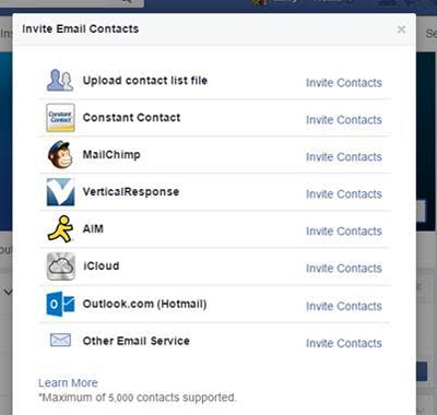 facebook oldal e-mail kapcsolat import funkció