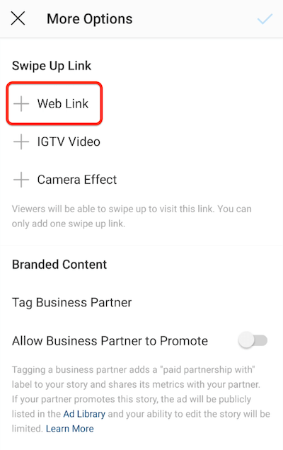 instagram menüopciók egy csúsztatott link hozzáadásához, kiemelve a weblink opciót