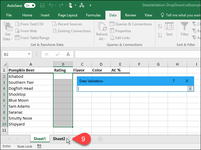 A legördülő listák létrehozása az adatok érvényesítésével a Microsoft Excel programban