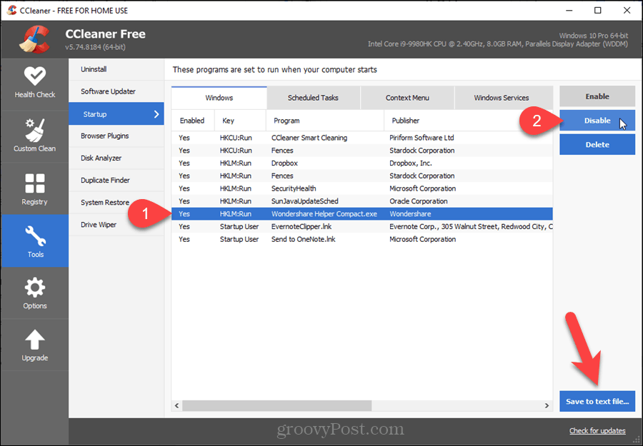 Indítási programok a CCleaner alkalmazásban