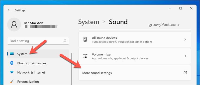 A További hangbeállítások menü megnyitása Windows 11 rendszeren