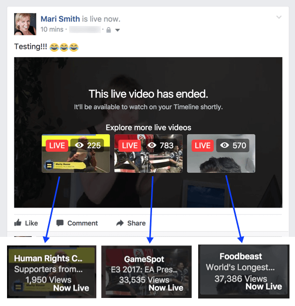 Úgy tűnik, hogy a Facebook egy új funkcióval kísérletezik, amely kapcsolódó élő videókat javasol a közvetítés befejezése után.