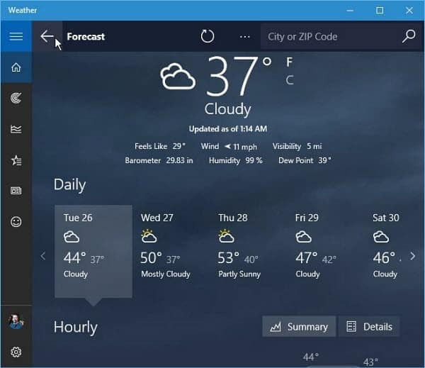 Windows 10 Weather App előrejelzés