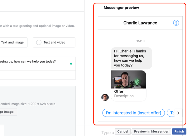 Hogyan célozhatjuk meg a meleg leadeket a Facebook Messenger hirdetésekkel, 14. lépés: Messenger cél egyéni sablon előnézete