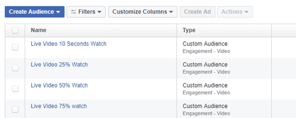 A Facebook Ads Manager alkalmazásban a Közönség eszközzel határozhat meg egy újból célzó közönséget a Facebook Live videók megtekintése alapján.