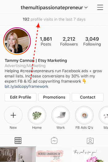 az Instagram üzleti profil tetején felsorolt ​​profillátogatások száma