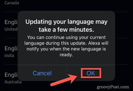 Alexa erősítse meg a nyelvi frissítést