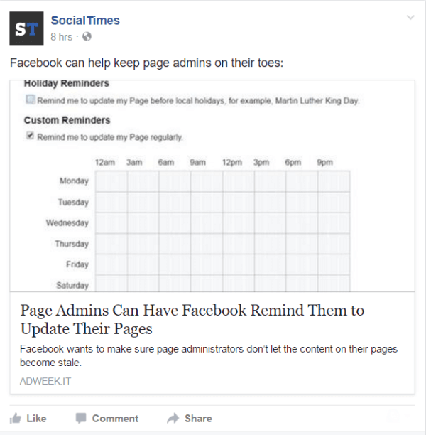 A Facebook képes emlékeztetőket beállítani az oldaladminisztrátorokhoz.