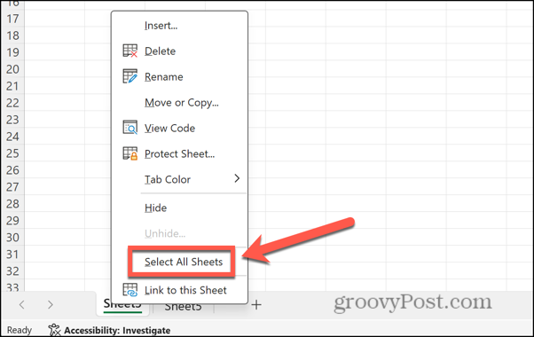 excel válassza ki az összes lapot